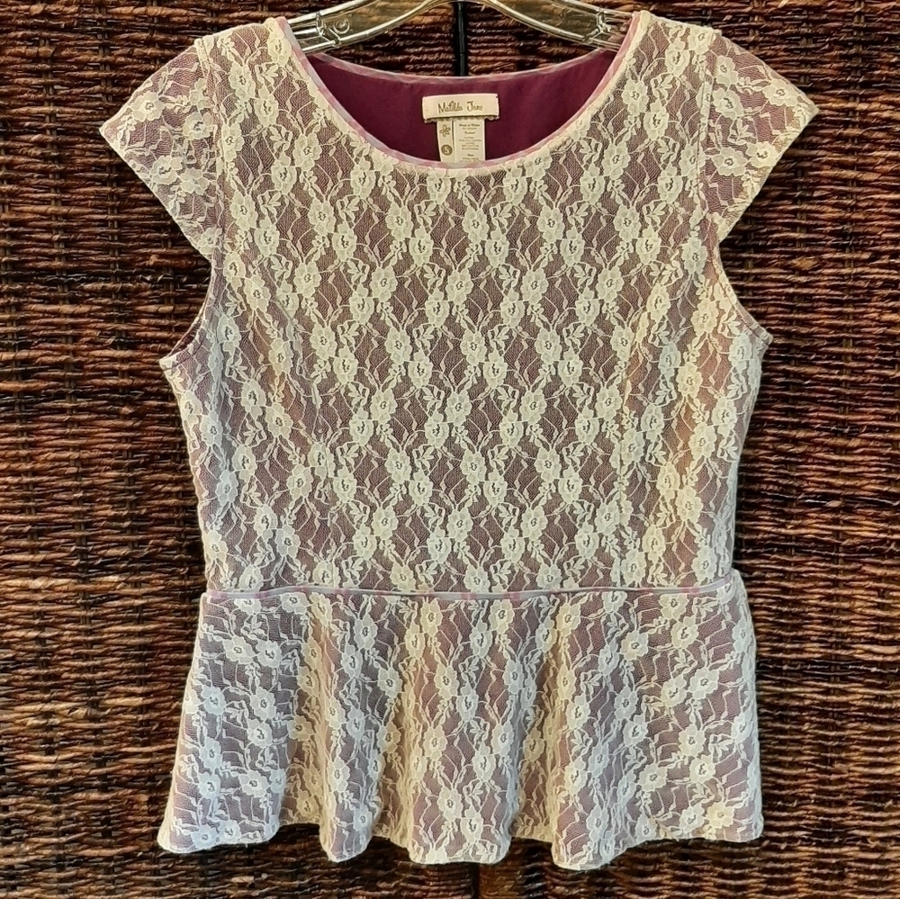 Matilda Jane Small Pippenger Peplum Lace Top AT1593 Purple Cap Sleeve Twee